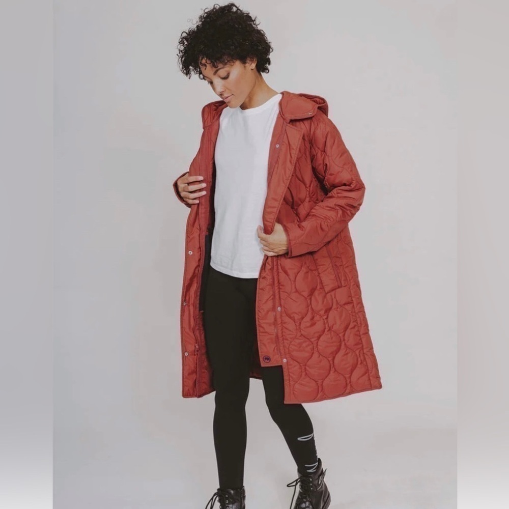 The Normal Brand Quilted Coat Size Small Hood Long Snap Close Burnt Orange NWT